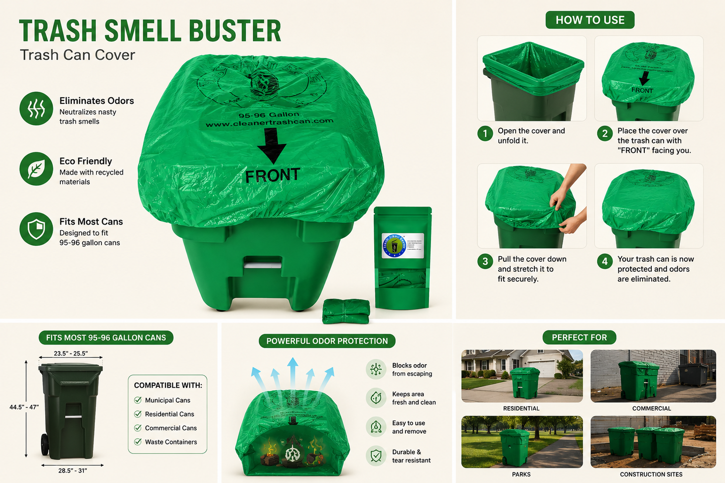 Trash Smell Buster Plastic Cover Keeps Odor inside Garbage Can and insects, flies and small animals away! (One Cover per bag)