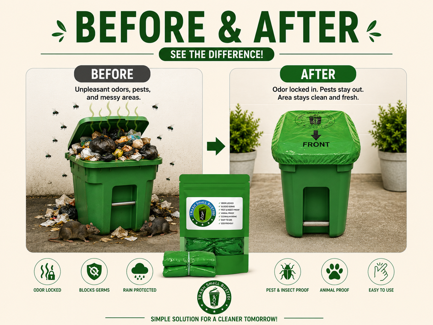 Trash Smell Buster Plastic Cover Keeps Odor inside Garbage Can and insects, flies and small animals away! (One Cover per bag)