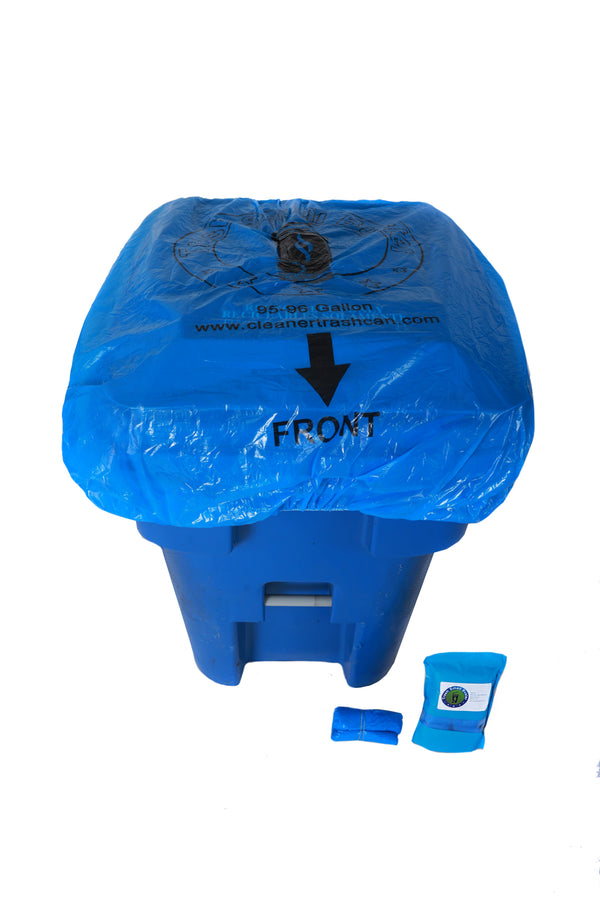 Trash Smell Buster blue cover fitted on an outdoor trash can