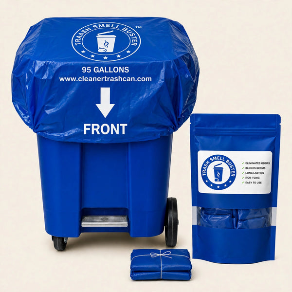 Trash Smell Buster blue cover on 95-gallon trash can with retail pack